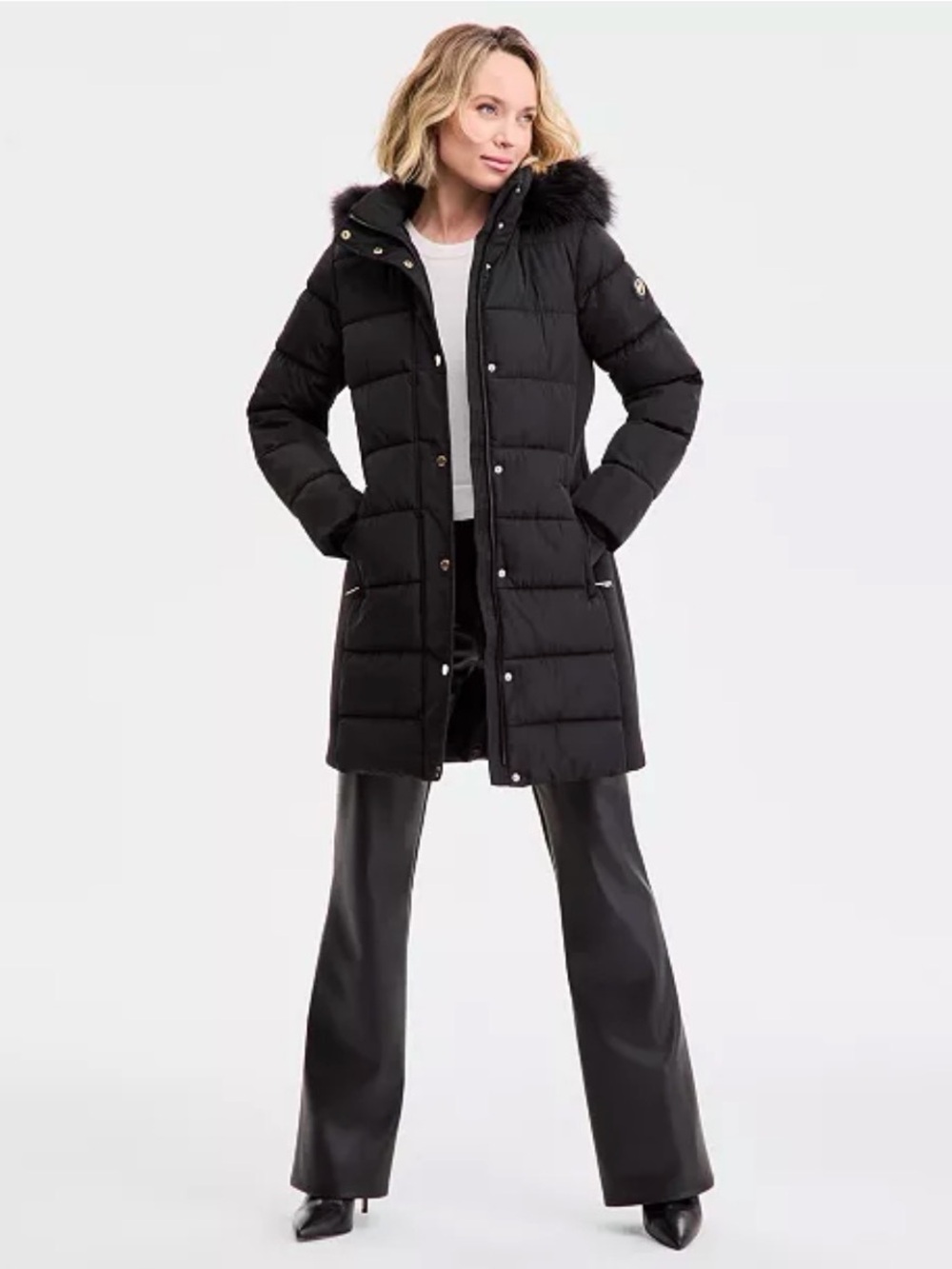 Michael Kors Black Quilted Full Zip Hooded Puffer Coat Faux-Fur Trim Large